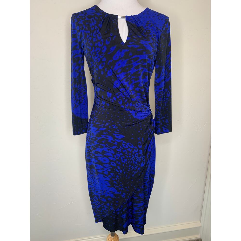 Cache Blue and Black Long Sleeve Wrap-Effect Mini Dress